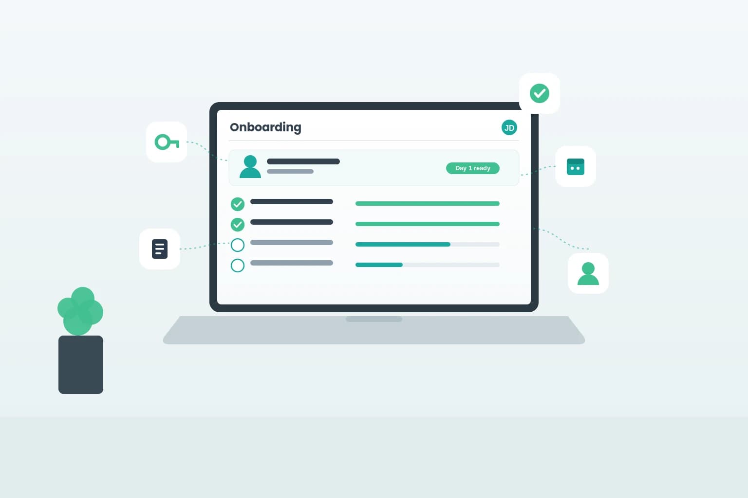 Connected onboarding dashboard showing tasks, access, and team setup